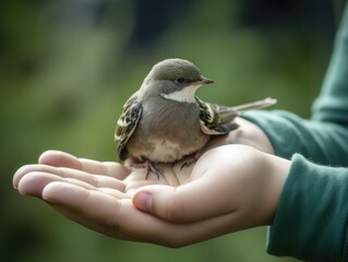 Obraz premium A small bird perched in the palm of a hand, symbolizing gentleness and trust in nature.