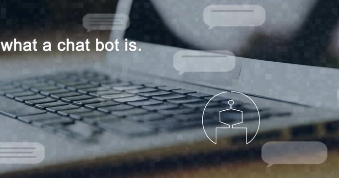 Animating chat bots over laptop keyboard with speech bubbles in colorful background