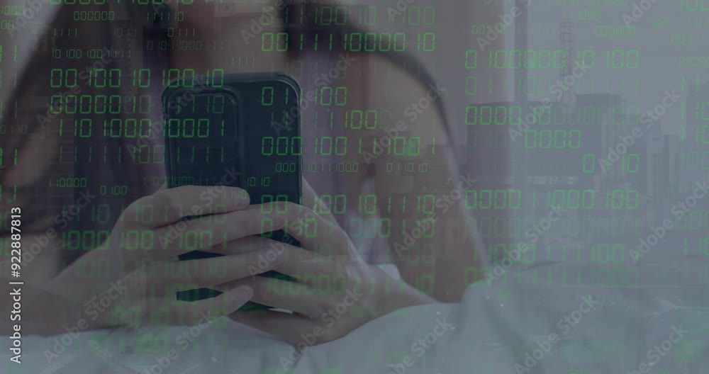 Poster holding smartphone, person with binary code animation on screen