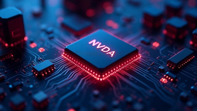  NVDA Chip on a Circuit Board with Glowing Red Lights