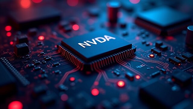  NVDA Chip on a Circuit Board with Glowing Red Lights