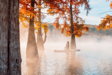 Silhouette of woman on stand up paddle board at lake with morning fog and fall trees