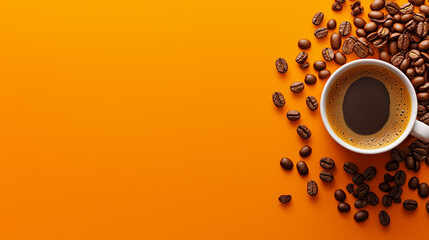 Coffee cup surrounded by coffee beans on an orange background.