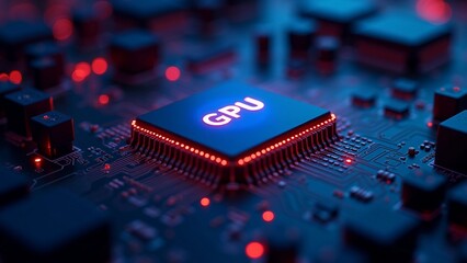 GPU Chip on a Circuit Board with Glowing Red Lights