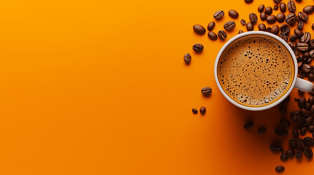 Cup of coffee and scattered beans on an orange background.
