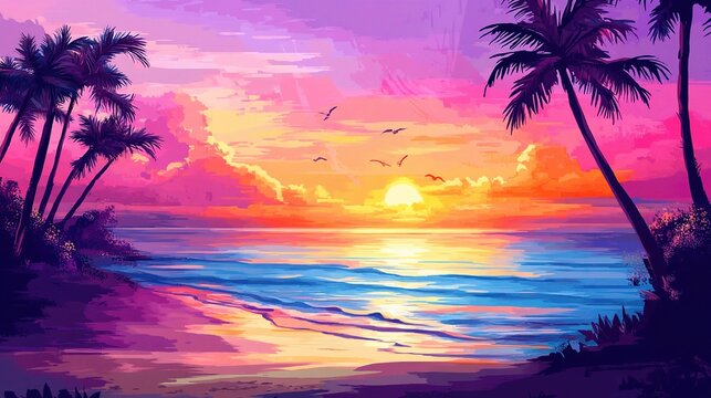 Beach background with a colorful sunset and palm trees, evoking a tropical paradise, copy space, High quality, + --ar 16:9 --v 6.1 Job ID: bf0ef5c1-417e-4331-9299-d881d31b38d8
