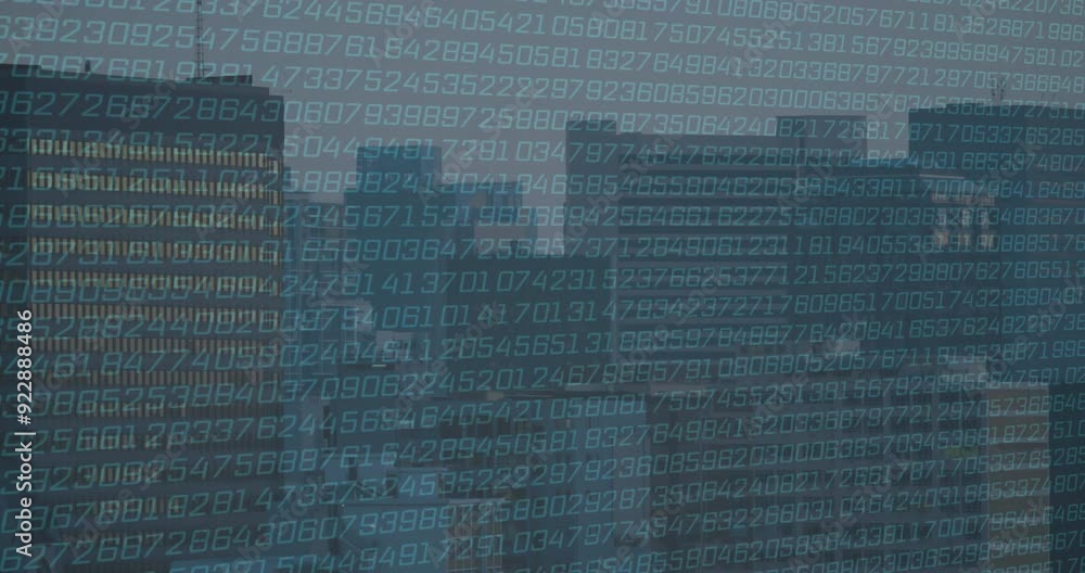 Poster binary numbers animating over cityscape with tall buildings