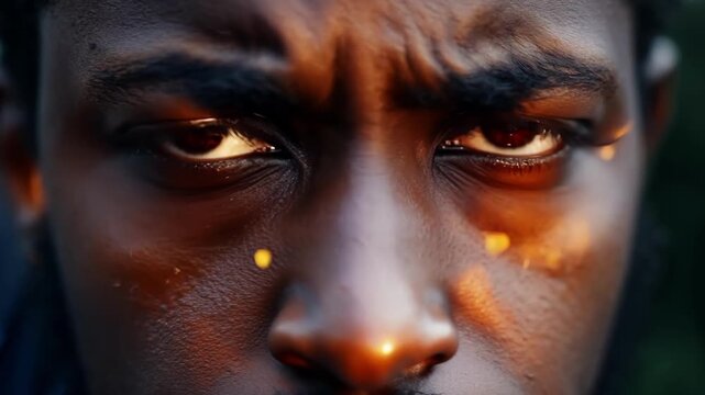 A closeup of a protesters eyes filled with fire and passion as they fiercely condemn injustice.