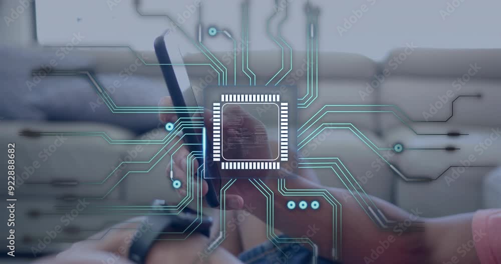 Poster microchip and circuit lines animation over person using smartphone on couch