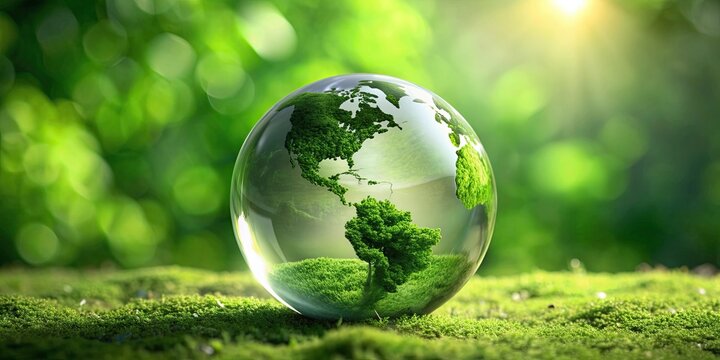 Green world concept inside a glass globe, Eco-friendly, sustainability, environmental conservation, globe, world, planet, green