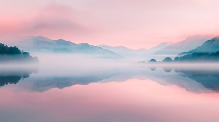 Serene landscape with misty mountains reflecting in calm waters during dawn.