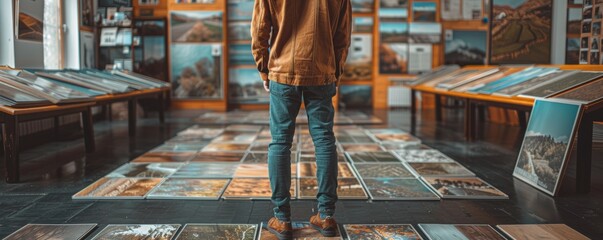 Fototapeta premium A man stands in a room, viewing a large collection of framed photographs displayed on the walls and floor, absorbing the visuals..