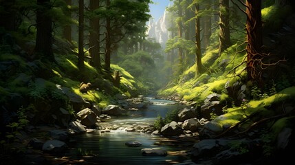 High angle view of waterfall in forest UHD Wallpaper