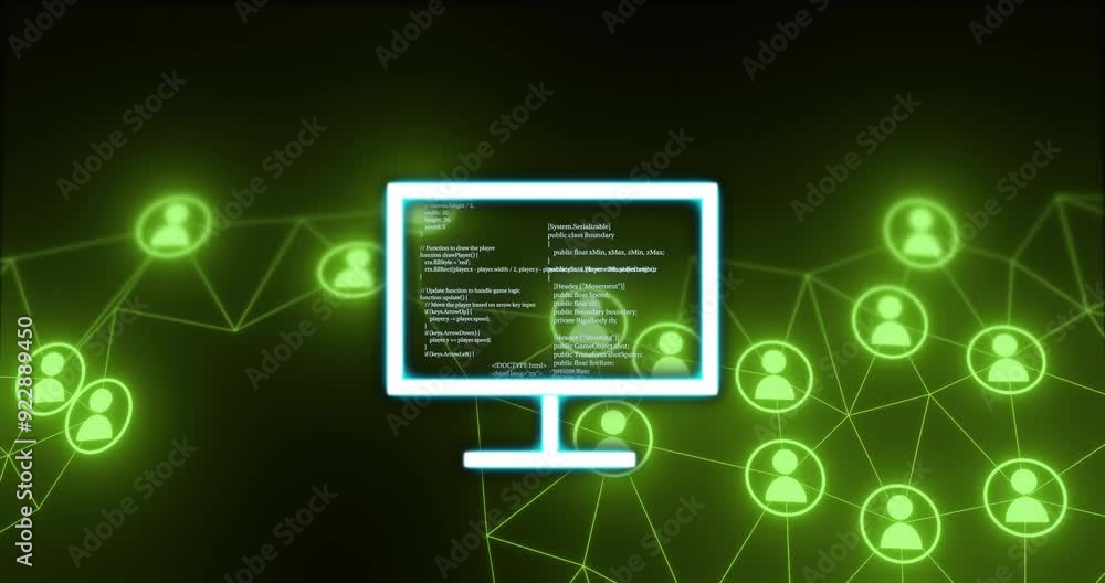 Poster computer screen with coding animation over network of connected user icons
