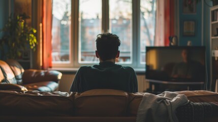 A man sits on a couch watching TV at home, with the warm glow of the sunset streaming through large windows, creating a cozy atmosphere..