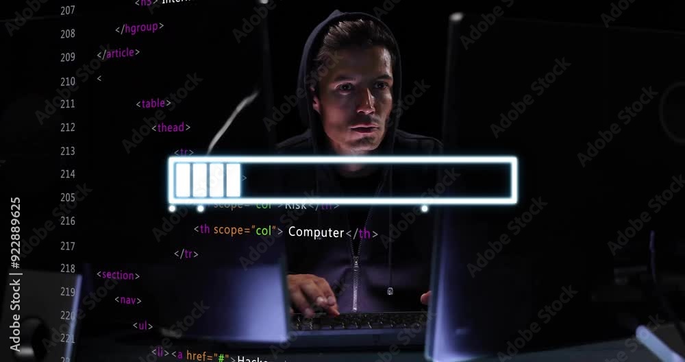 Poster hacker in hoodie coding on computer with loading bar animation over html code