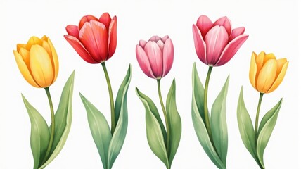 Obraz premium Bright Tulips Illustration with Yellow and Red Flowers on White Background - Perfect for Floral Decor, Greeting Cards, and Spring Designs