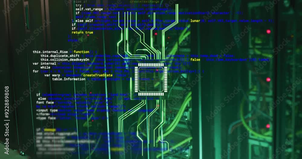 Poster Circuit board and programming code animation over server racks in data center