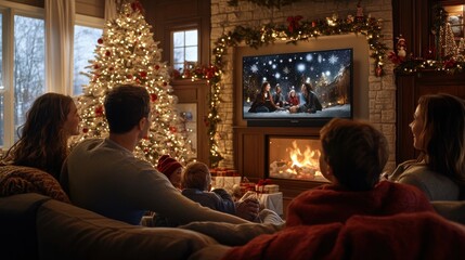 Festive Family Movie Night: Holiday Streaming in a Cozy Living Room with Decorations, Christmas...