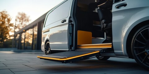 Fototapeta premium This sleek and modern wheelchair accessible minivan is equipped with a lowered ramp, ensuring easy access and mobility, making it perfect for anyone in need of seamless transportation solutions