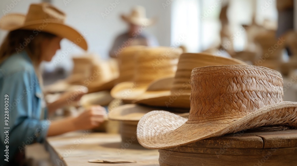 Poster a person skillfully works on crafting straw hats in a busy workshop filled with various hat styles.