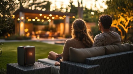 Romantic Outdoor Patio Retreat: Couple Relaxing with Streaming Music and Garden Views