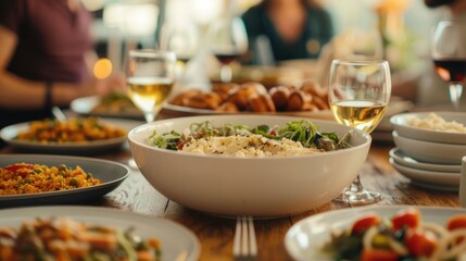 A diverse group of people enjoying a multicultural dinner together with a variety of delicious dishes and drinks on the table set in a cozy