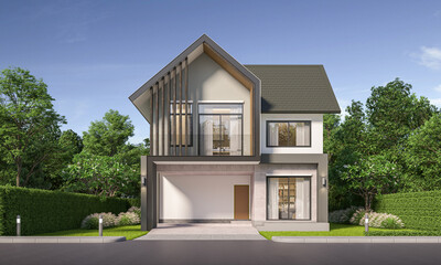 Modern house exterior day light with lawn grass.3d rendering