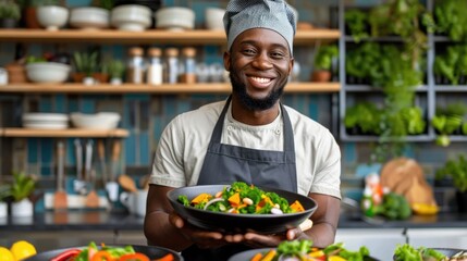 A confident African American chef in a professional kitchen setting proudly presenting a variety of vibrant plant based dishes showcasing his culinary expertise and commitment to healthy