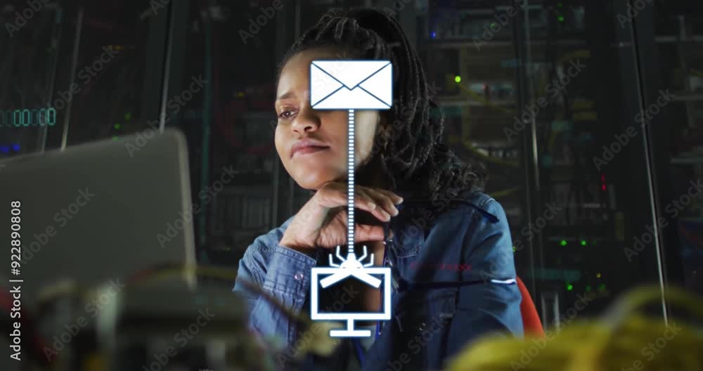 Poster email communication process animation over woman working on computer in server room