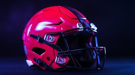 Fototapeta premium A vibrant red football helmet displayed against a dark background, showcasing its sleek design and modern features.