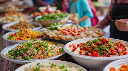 Festive Muslim Family Eid with Variety of Traditional Dishes Displayed on Dining Table Showcasing the Abundance and Diversity of Flavors and Culinary Traditions