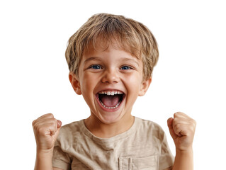 Portrait of an excited young child, a boy with his mouth wide open, isolated on a transparent background