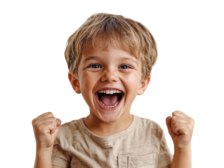 Portrait of an excited young child, a boy with his mouth wide open, isolated on a transparent background