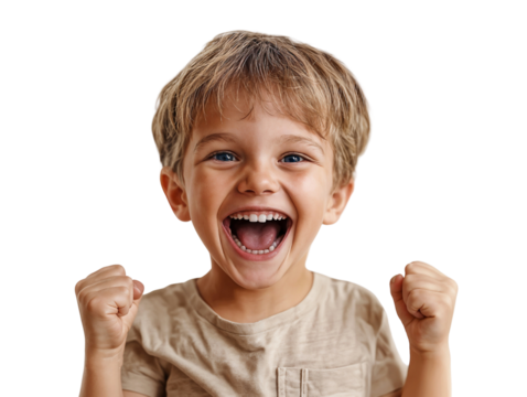 Portrait of an excited young child, a boy with his mouth wide open, isolated on a transparent background
