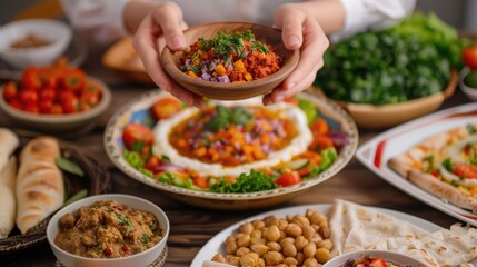 Fototapeta premium Vibrant Traditional Arab Family Dining with Diverse Homemade Dishes and Shared Hospitality A scene of a festive Middle Eastern meal shared among loved ones