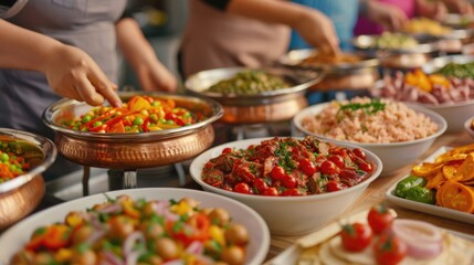 Obraz premium Vibrant Halal Buffet Spread with an Array of Middle Eastern Cuisine Dishes Presented on a Table for Sharing and Enjoying Among Friends and Community