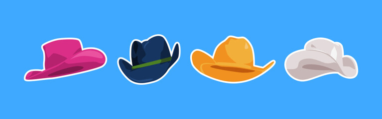 Collection of cowboy hat with flat style. Isolated on blue background. Vector illustration.