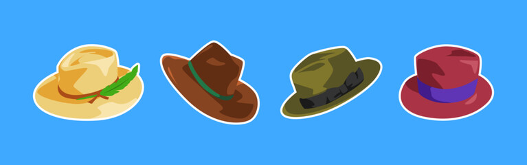 Collection of fedora hat, panama with flat style. Isolated on blue background. Vector illustration.