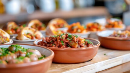 Close up View of Sharing Tapas Style Spanish Appetizers on Wooden Table with Small Ceramic Plates and Deep Depth of Field Creating a Relaxing and Sociable Dining Experience for Friends