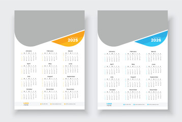 Wall calendar design for 2025, 2026. One page wall calendar template design. Minimalist style calendar.