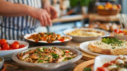 Obraz premium Diverse group of people enjoying a shared cultural dining experience with a depth of field showcasing the delicious food table setting and cozy atmosphere