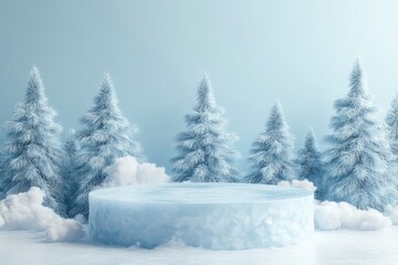 Obraz premium Ice podium with pine trees background for mockup display or presentation of products. with generative ai