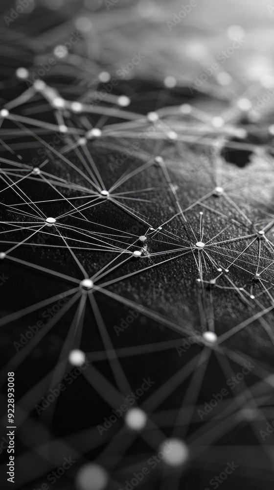 Poster abstract black and white image of a network with glowing dots.