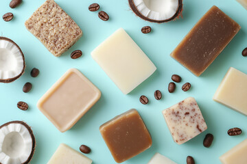 Handmade soap bars with coffee beans and coconut halves on a light blue background.
