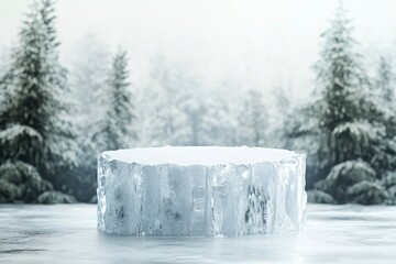 Ice podium with pine trees background for mockup display or presentation of products. with generative ai