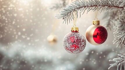 Frosted Christmas Ornaments: Two red and gold Christmas ornaments adorned with delicate frost, hanging from a snow-covered pine branch. The image evokes a sense of festive cheer and winter wonderland.