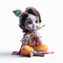 Fototapeta premium little Krishna holding flute, Janmashtami, Hindu festival celebrating the birth of little Krishna, 3D 