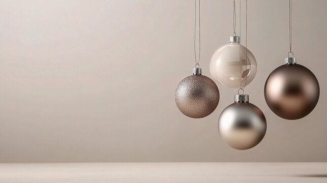 Minimalist Christmas Ornament Decor:  A simple yet elegant backdrop showcasing four hanging Christmas ornaments in soft metallic tones, perfect for your holiday designs.  