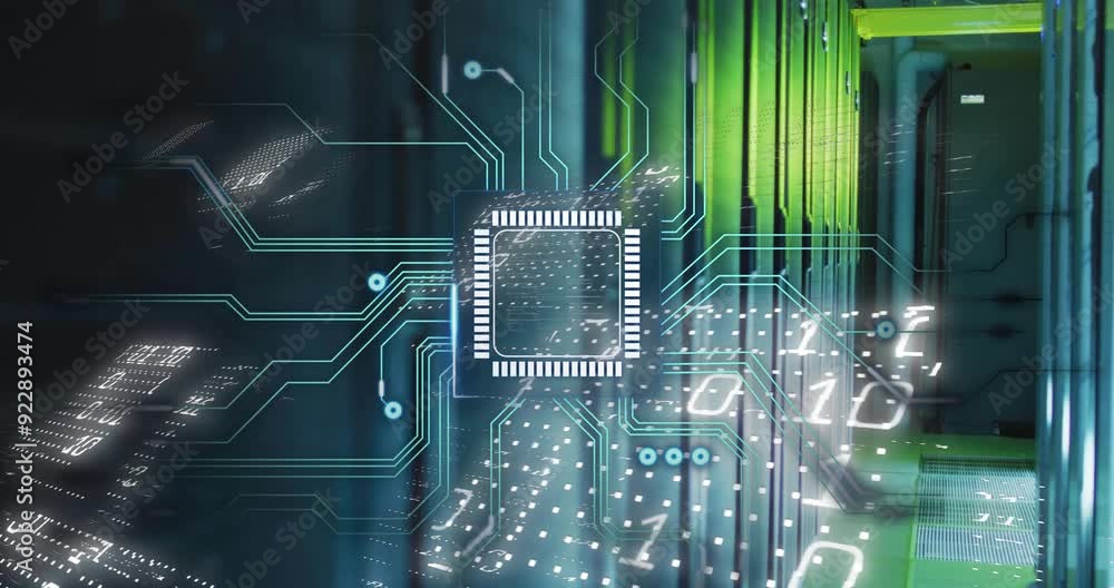 Poster animating microchip and binary code over server room in data center